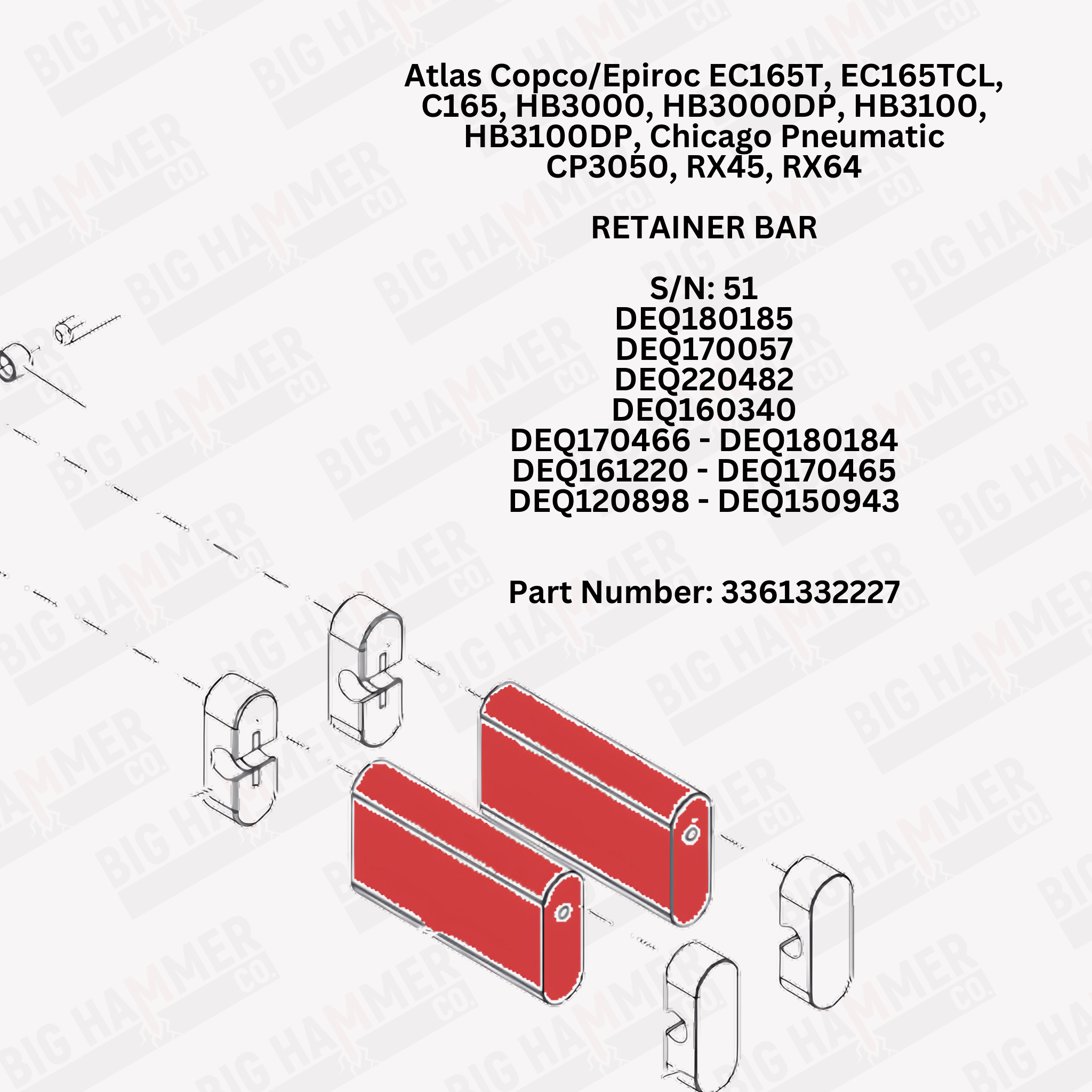 Atlas Copco/Epiroc EC165T, EC165TCL, C165, HB3000, HB3000DP, HB3100, HB3100DP, Chicago Pneumatic CP3050, RX45, RX46 Retainer Bar