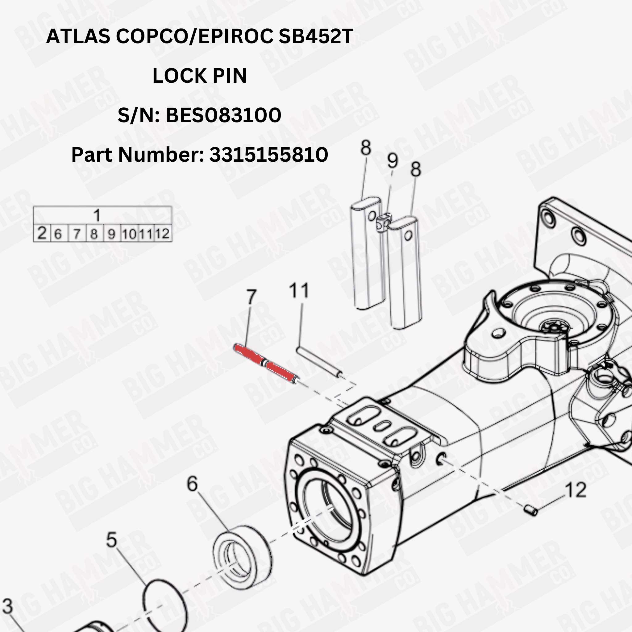Atlas Copco/Epiroc SB450, SB450S, SB450SC, SB452, SBC800, SB800S, SBC850, TEX400 Lock Pin
