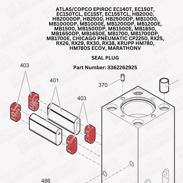 Atlas/Copco Epiroc EC140T, EC150T, EC155T, HB2000, HB2500, MB1000, MB1200DP, MB1200E, MB1500, MB1650, MB1700, Chicago Pneumatic CP2250, RX25, RX26, RX29, RX30, RX38, Krupp HM780 Plug