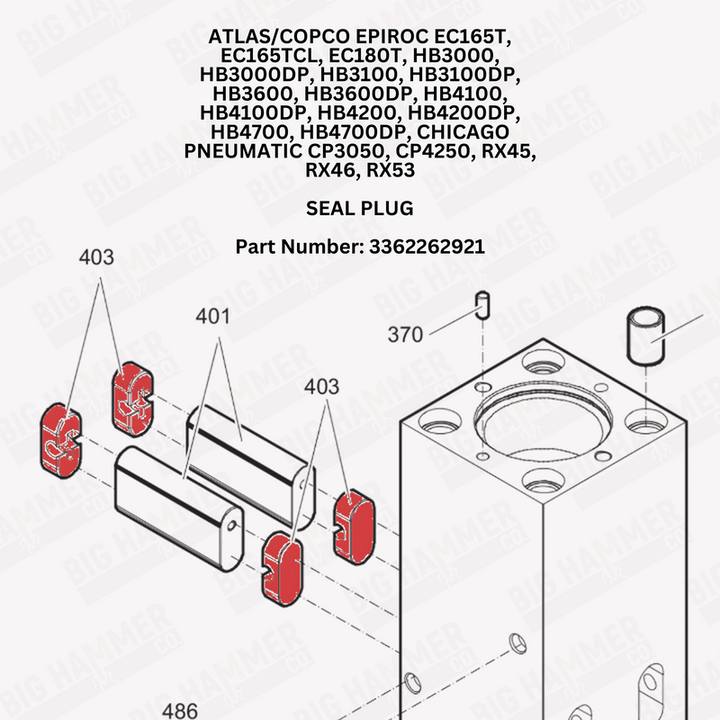 Atlas/Copco Epiroc EC165T, EC165TCL, EC180T, HB3000, HB3000DP, HB3100, HB3100DP, HB3600, HB3600DP, HB4100, HB4100DP, HB4200, HB4200DP, HB4700, HB4700DP, Chicago Pneumatic CP3050, CP4250, RX45, RX46, RX53 Plug