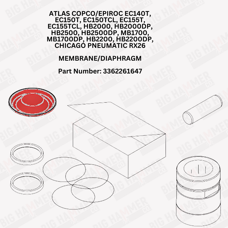 Atlas Copco/Epiroc EC140T, EC150T, EC150TCL, EC155T, EC155TCL, HB2000, HB2000DP, HB2500, HB2500DP, MB1700, MB1700DP, HB2200, HB2200DP, Chicago Pneumatic RX26 Diaphragm