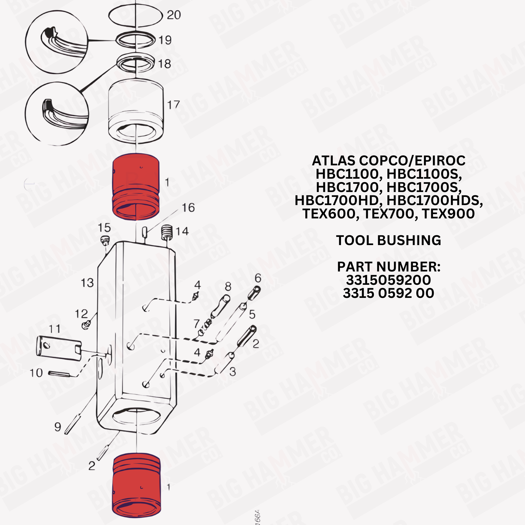 Atlas Copco/Epiroc HBC1100, HBC1100S, HBC1700, HBC1700S, HBC1700HD, HBC1700HDS, TEX600, TEX700, TEX900 Tool Bushing