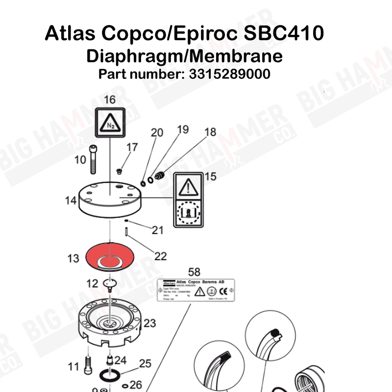 Atlas Copco/Epiroc SBC410, SBC410-IIS, SB200, SB410-II, SB410-IIS, SBU220, SB152, SB202, SB202T, KM200, SBU160, SBU340, SB302, SB302T Polyurethane Diaphragm