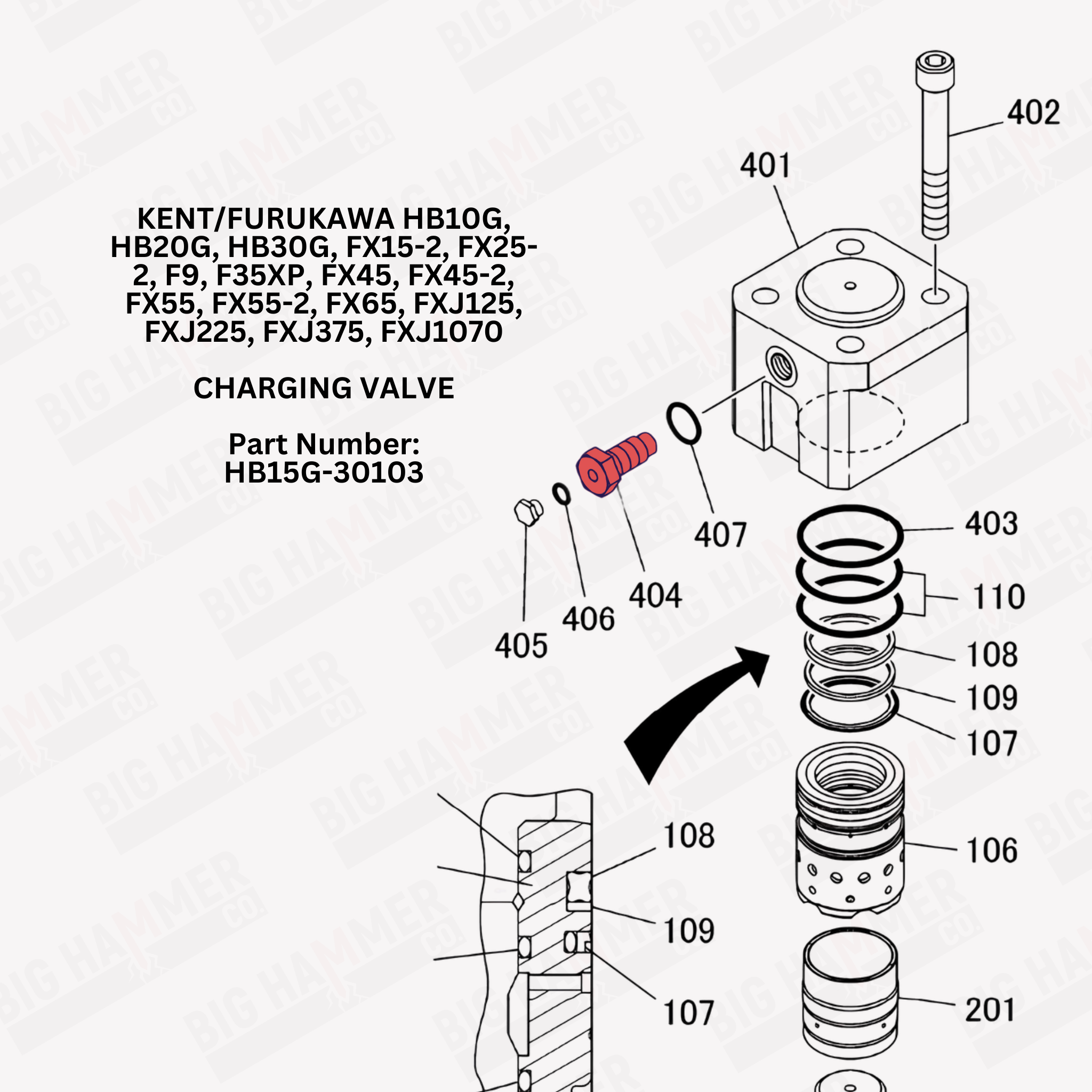 Kent/Furukawa HB10G, HB20G, HB30G, FX15-2, FX25-2, F9, F35XP, FX45, FX45-2, FX55, FX55-2, FX65, FXJ125, FXJ225, FXJ375, FXJ1070 Charging Valve