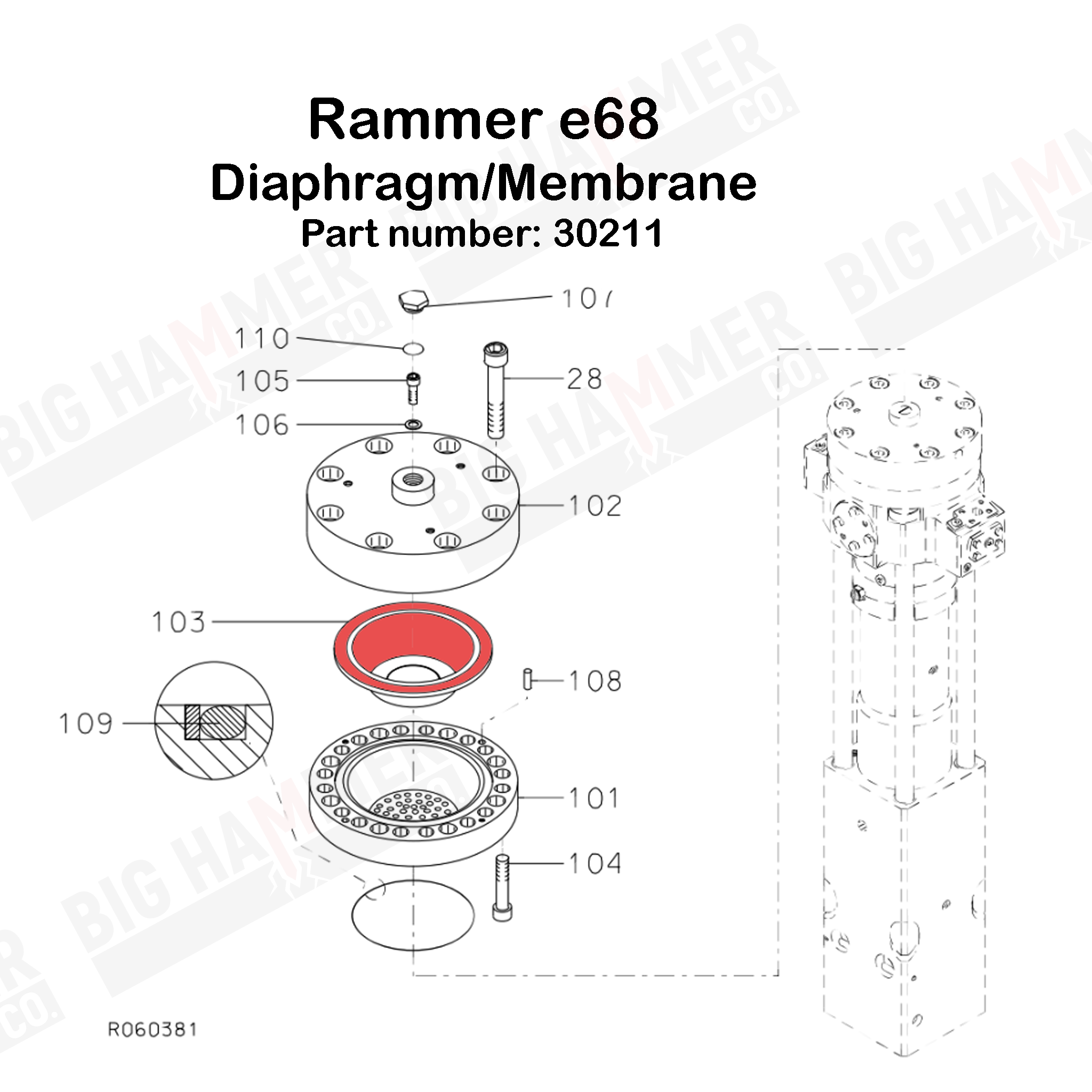 Rammer M18, E65, E66, E66N, E68, S55, S56, 2577, 2166, 2166E, Allied BR2265, Sandvik BR2166, BR2266, BR2518, BR2568, BR2577 Membrane/Diaphragm
